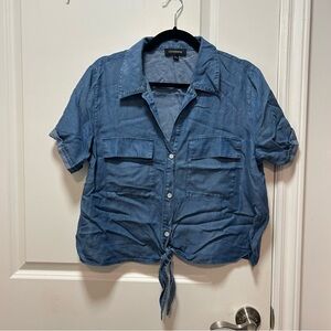 Cupio Blue Tie-Front Button-Down Shirt